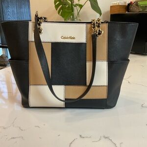 Calvin Klein Colorblock Patchwork Tote — Black, Cream & Tan